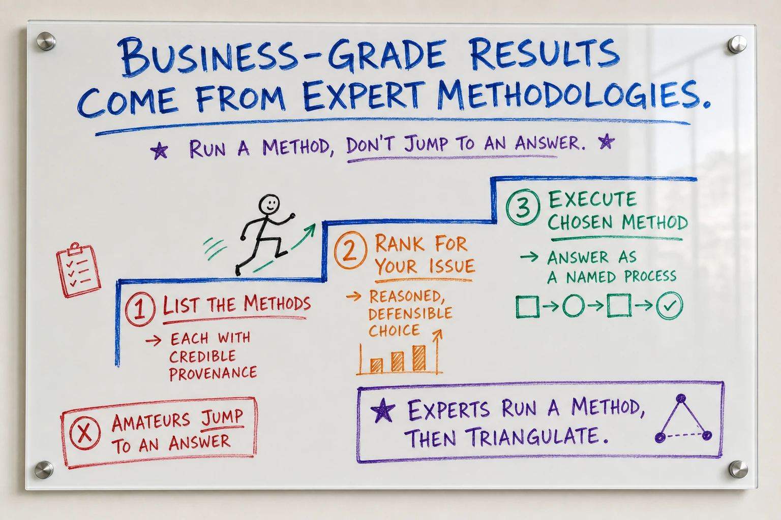 Whiteboard: Business-grade results come from expert methodologies. Run a method, do not jump to an answer. Three ascending steps: list the methods each with credible provenance, rank for your issue with a reasoned and defensible choice, then execute the chosen method as a named process. Amateurs jump to an answer; experts run a method, then triangulate.